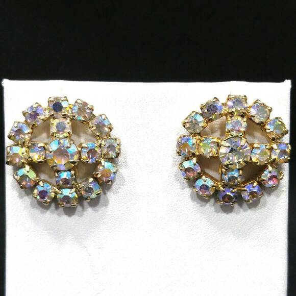 Vintage Aurora Borealis Rhinestone Screw Back Earrings,  Prong Set, 1950s - Picture 1 of 10